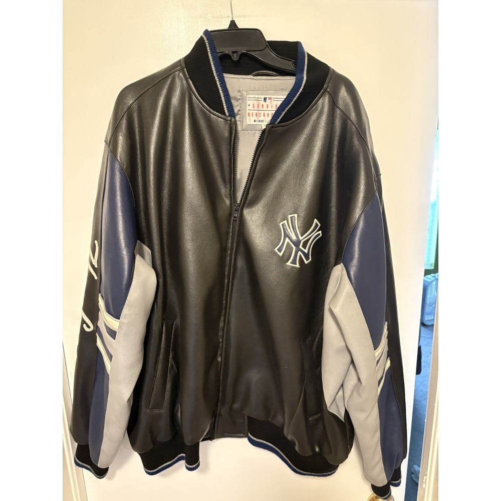 New York Yankees G-III Leather Jacket Men's 2XL Black Script Spellout MLB Bomber